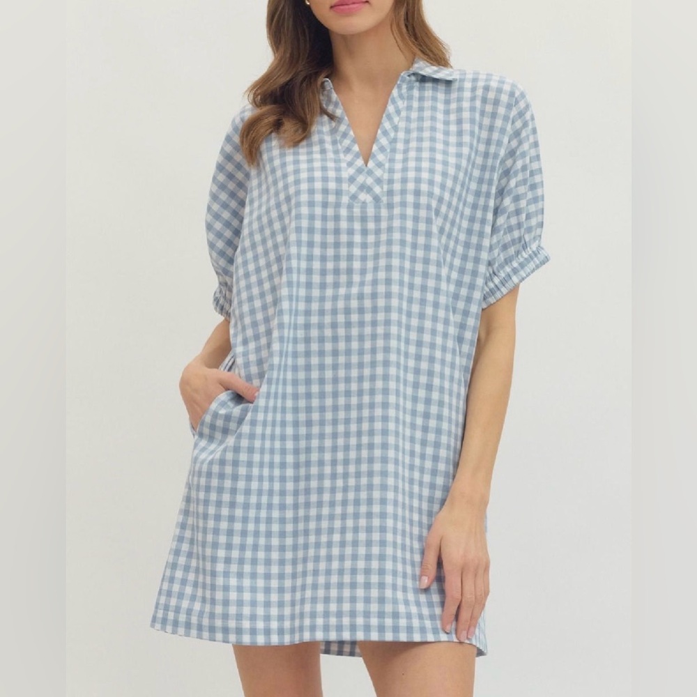 entro Light Blue Gingham V-Neck Dress